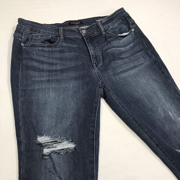 JUDY BLUE Skinny Jeans Women 34x28 Slim Fit Dark Wash Blue Distressed Fray Cuff - Picture 6 of 16